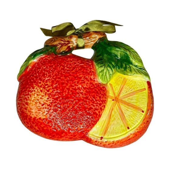 VINTAGE CERAMIC ORANGE FRUIT WALL HANGING WITH RIBBON TIE - Picture 2 of 6